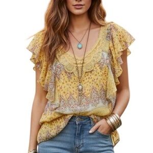 Isabella Rodriguez Yellow Floral Lace Ruffled Short Sleeve Blouse Top Small